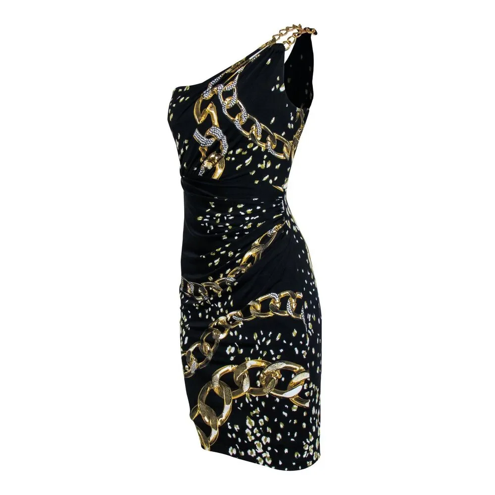 David Meister - Black & Gold Chain One Shoulder Dress Sz 2